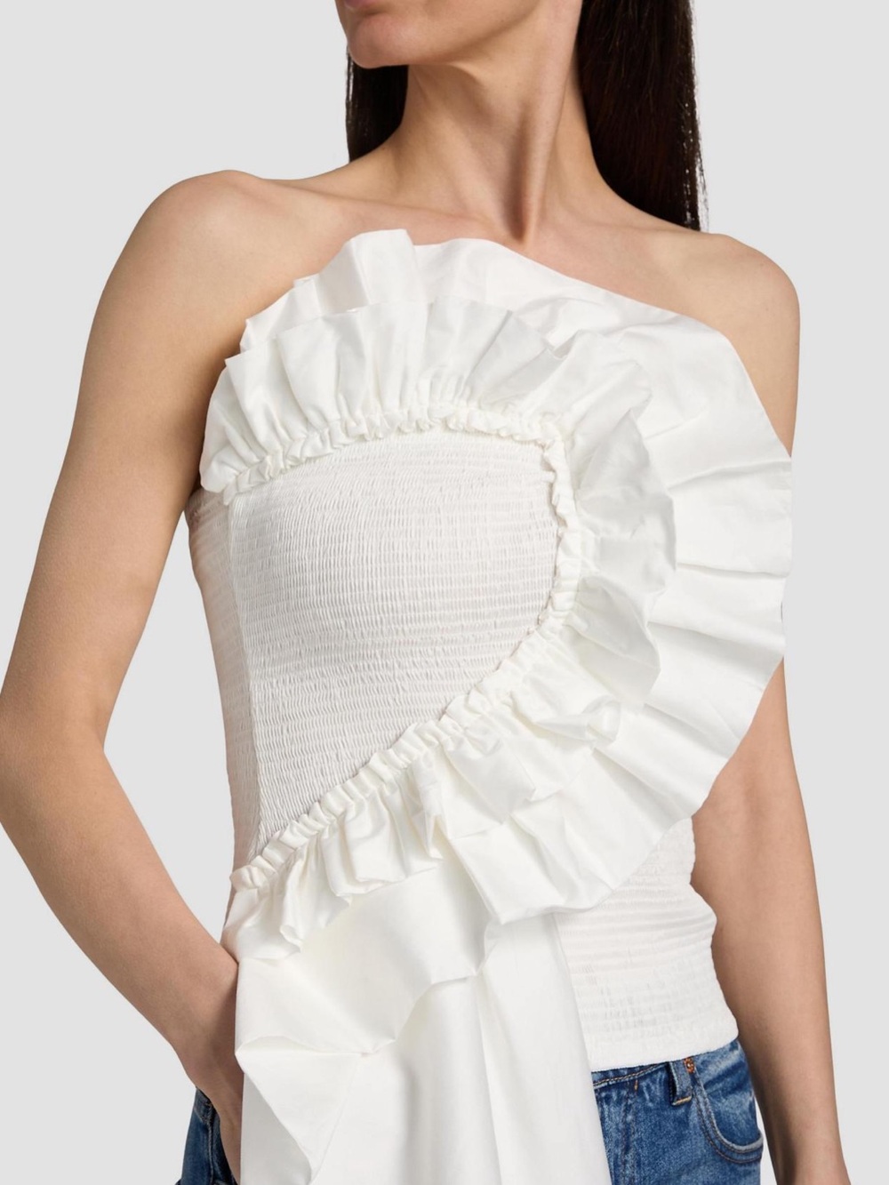 FARM Rio White Smocked Ruffled Strapless Top - Picture 4 of 8